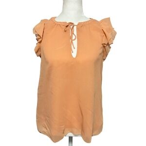 Black Tape Women's Sheer Ruffle Sleeve Tie Neck‎ Blouse - Peach - Size Medium